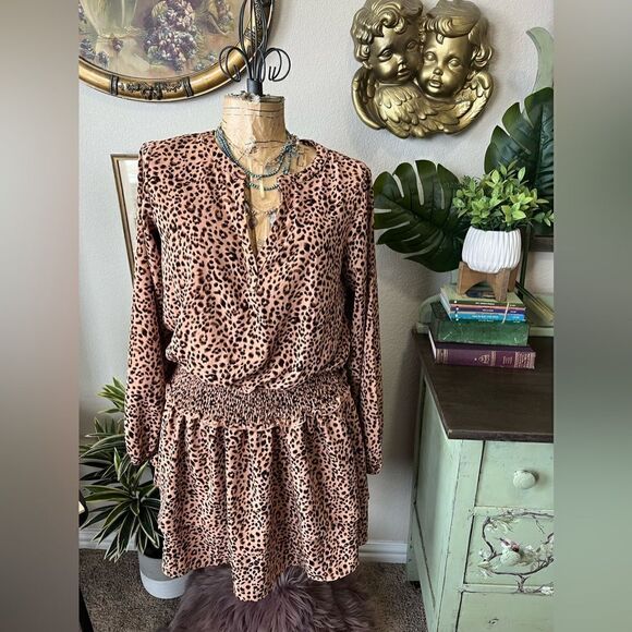Mittoshop Leopard Cheetah Print Brown Black V Neck Elastic Waist Mini Dress Sz M - Picture 3 of 10